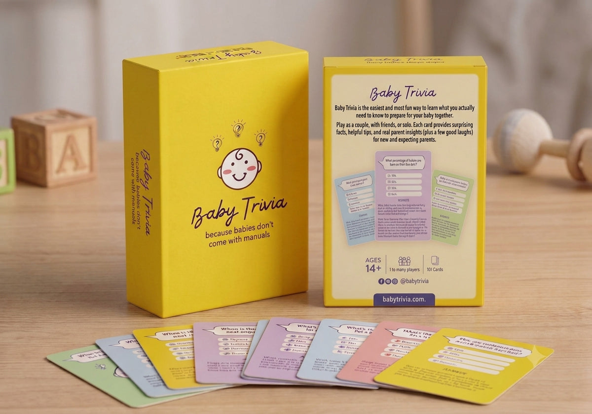 Baby Trivia card game box with Pregnancy, Labor & Delivery, and First Year category cards